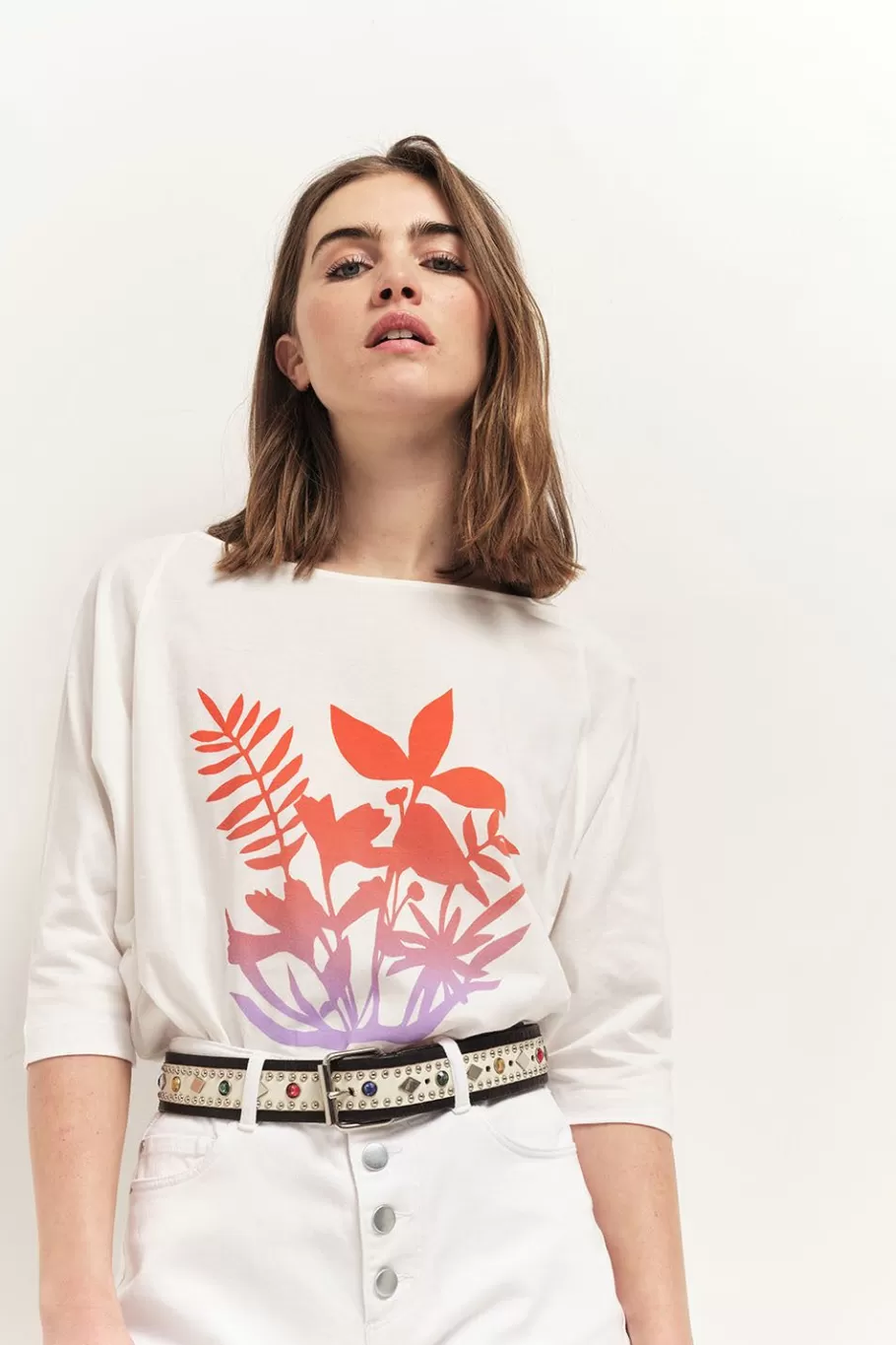 One Step T-Shirts^Marco - T-Shirt Ecru Coton Bio Visuel Feuillages Effet Deep Dye