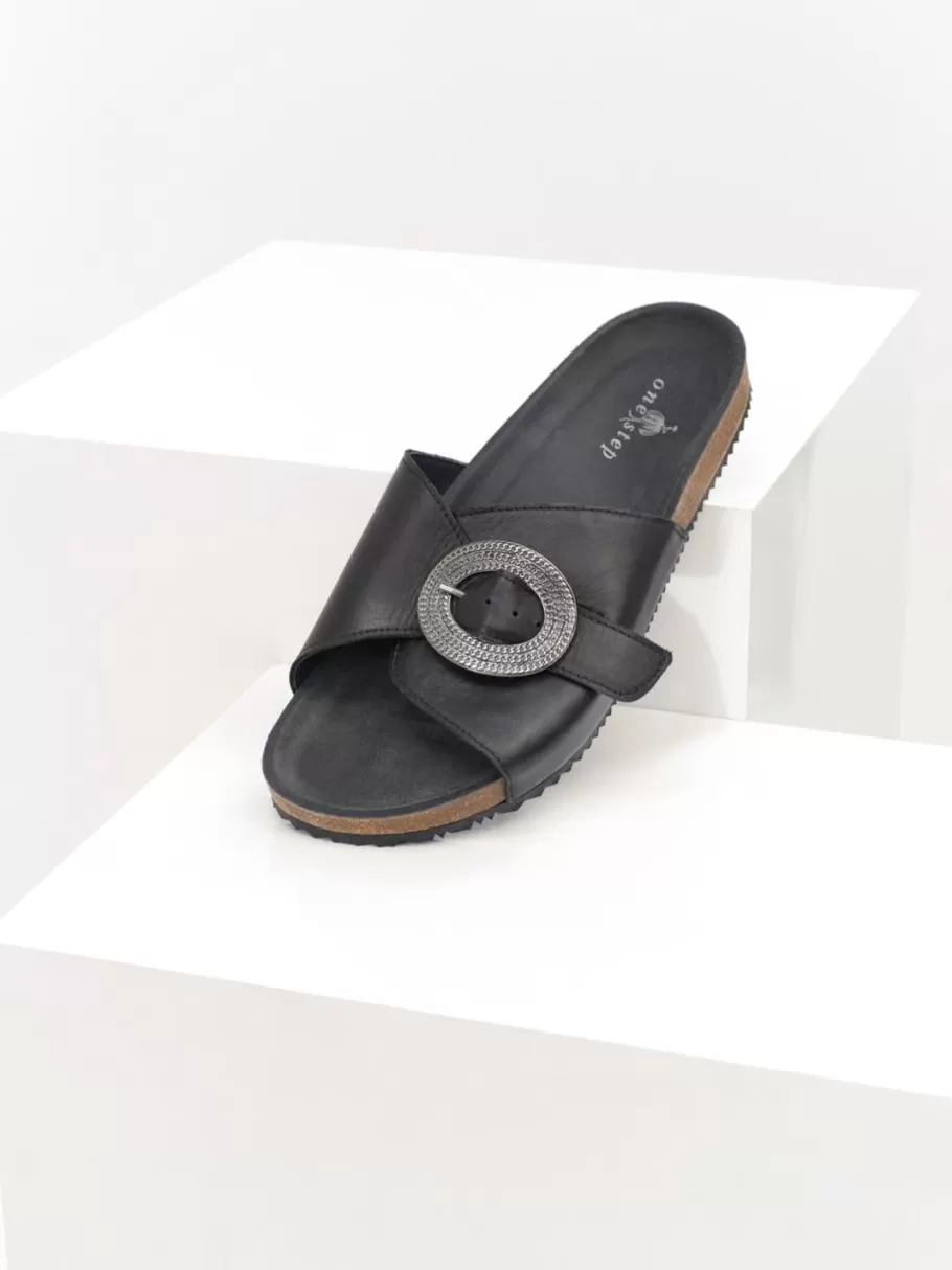 One Step Chaussures^O.Oran - Mules Noires En Cuir A Boucle Metal Grave